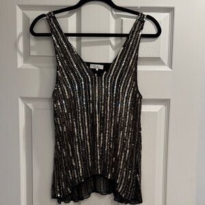 PARKER Designer Black and Gold Striped Sequin Silk Tank Top with peekaboo back